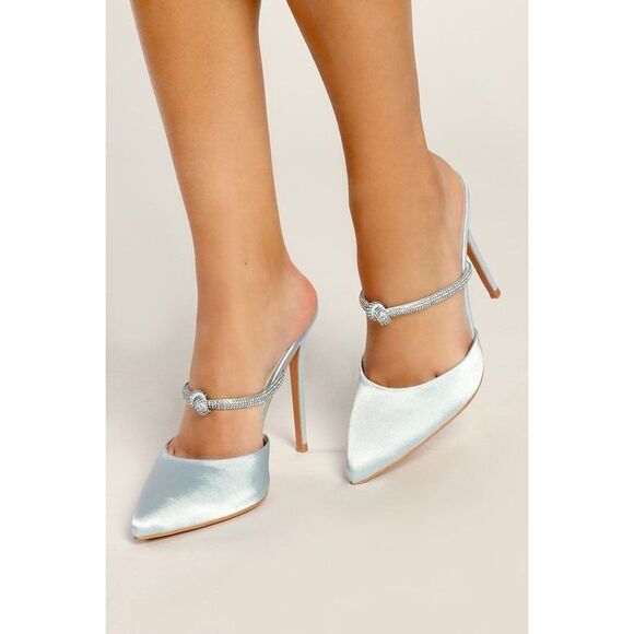 New in box- Lulus Marinala Blue Satin Rhinestone Pointed-toe Mule Pumps - Size 8 - Picture 1 of 1